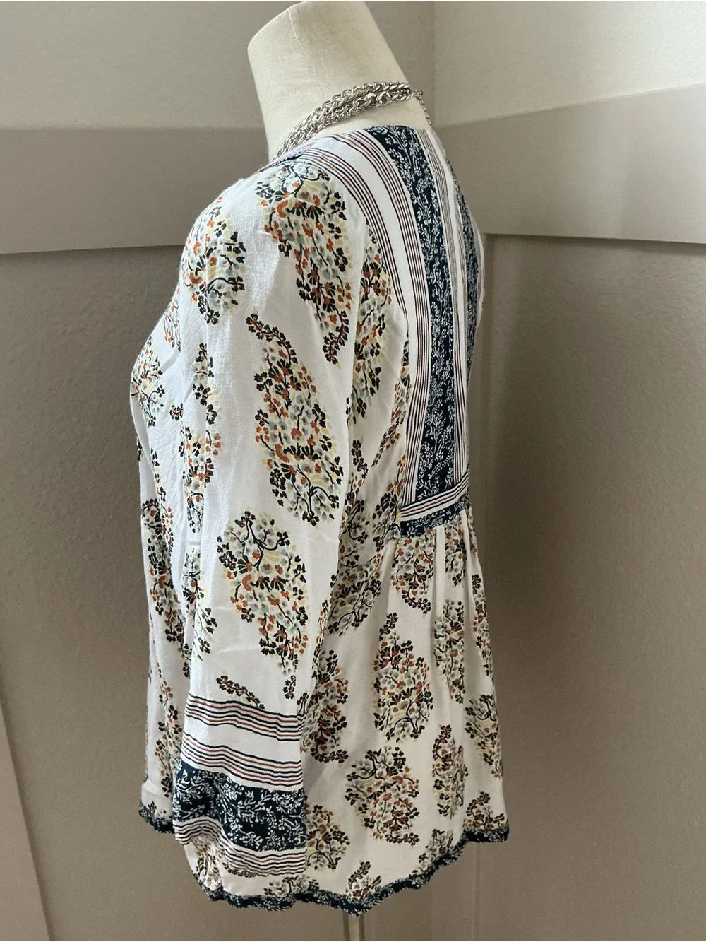 Lucky Brand Boho Floral Paisley Babydoll Blouse Tunic Top Size S/P